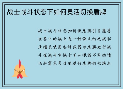 战士战斗状态下如何灵活切换盾牌